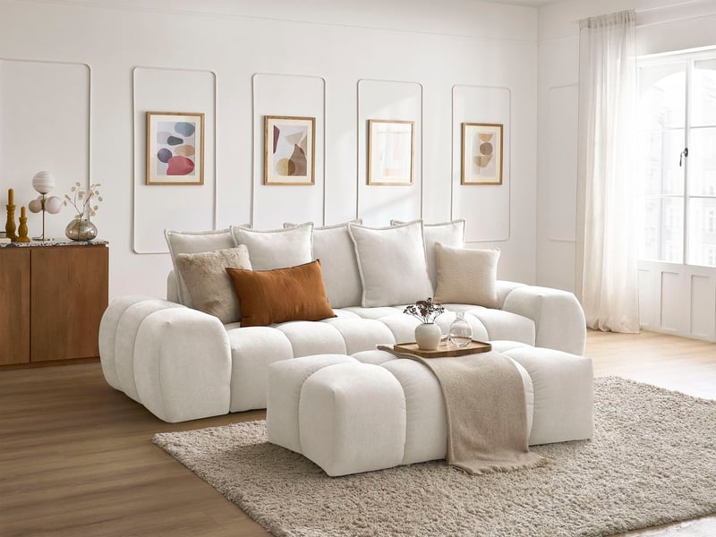 Bobochic canapé droit convertible coffre everest tissu texturé avec pouf blanc EVEREST - Conforama B