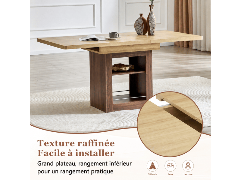  Table à manger extensible 130160x80cm - plateau mdf - rangements intégrés (2 étagères) - capacité 113kg - noyer et bois clair Bubbly Shop - Conforama E