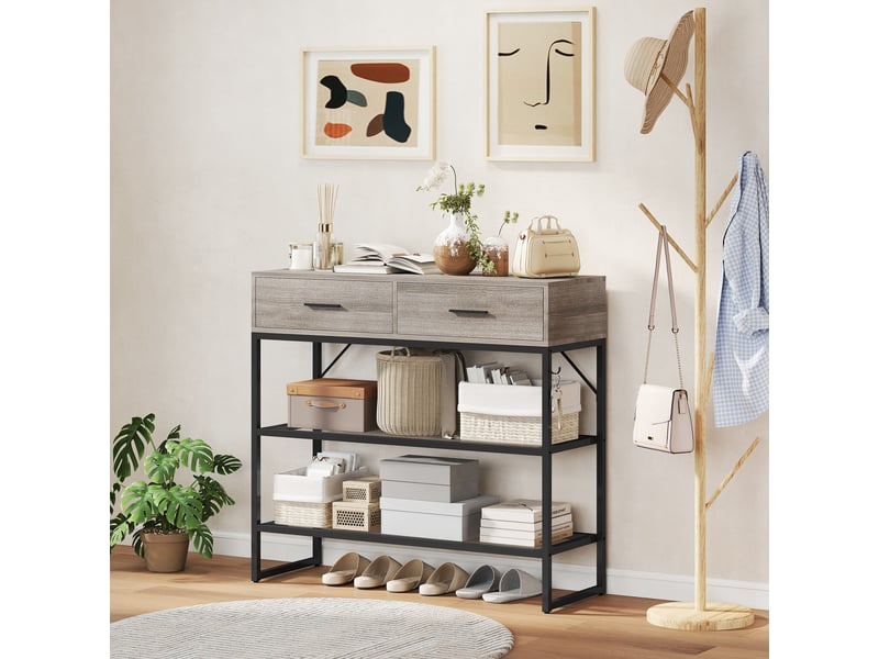  Console d'entrée avec 2 tiroirs, 2 étagères et crochet latéral, en bois et métal, 100 x 35 x 92 cm, noir et bois  - Conforama D