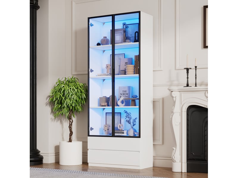  Vitrine haute 80x34x200 cm à led, 2 portes vitrées et 2 tiroirs, blanc  - Conforama D