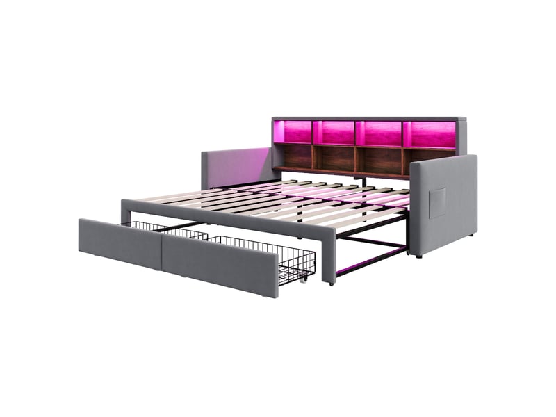  Lit canapé extensible velours gris foncé 90/180x190 cm avec 2 tiroirs, led et usb  - Conforama E