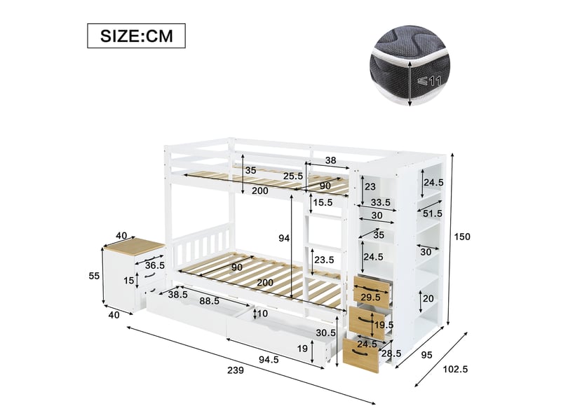  Lit superposé 90 x 200 cm blanc et naturel avec rangements, échelle et chevet  - Conforama C