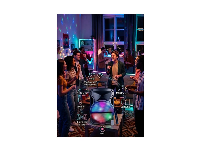 Enceinte amplifiée 600w pmpo karma deep-12 avec microphone sans fil vhf usb bluetooth tws, enregistrement, boomer led rvb - Conforama D