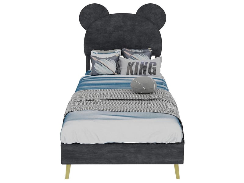 Lit rembourré moderne 90x200 cm avec tête de lit cartoon velours cadre bas chambre enfant ado, sans matelas, gris - Conforama A