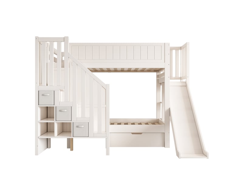 Lit superposé enfant 90x200 - lit enfant bois avec toboggan - escalier rangement - tiroirs - étagère ouverte - 2 couchages - blanc - Conforama A