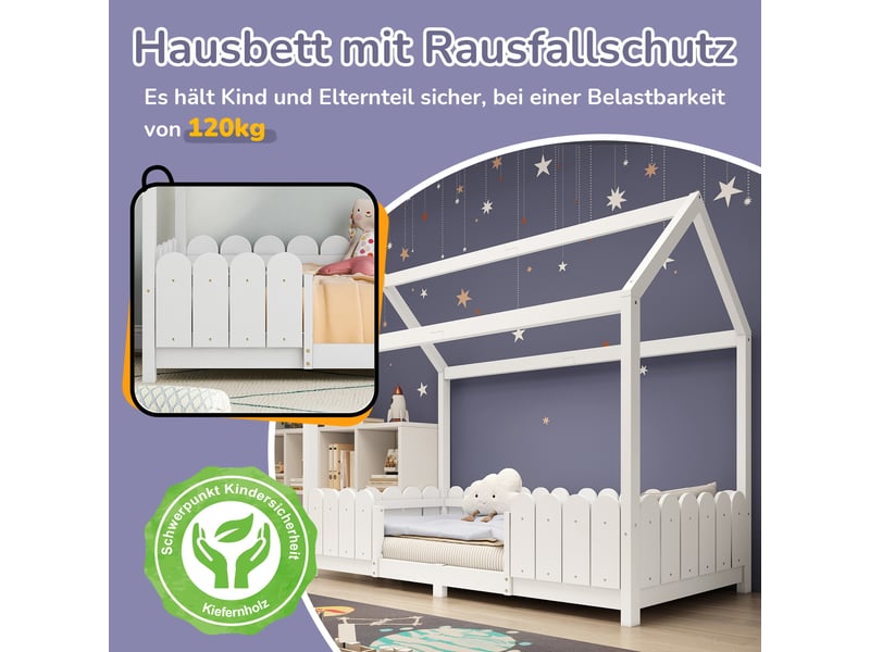 Lit cabane enfant 90x200 cm, garde-corps et sommier, design minimaliste, bois blanc, sans matelas - Conforama E