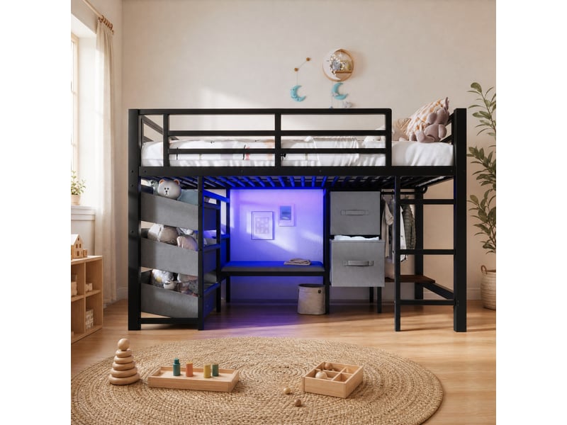 Lit simple mi-hauteur 200×90 cm avec rangements en tissu, éclairage led et coussin d’assise, sans matelas, en métal noir et blanc - Conforama B