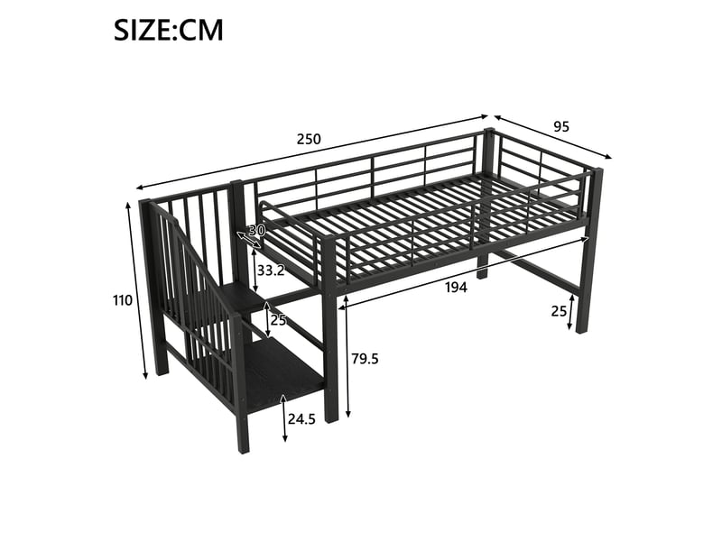 Lit mi-hauteur 90 x 200 cm marche avec rangement intégré 79,5 cm sous-lit lattes incluses mdf et métal noir sans matelas - Conforama C