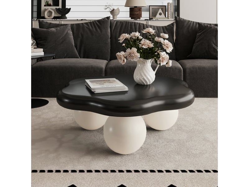  Table basse muvano, table de salon minimaliste forme pétale, plateau noir mat et pieds boules blancs, 79 x 79 x 31 cm  - Conforama D