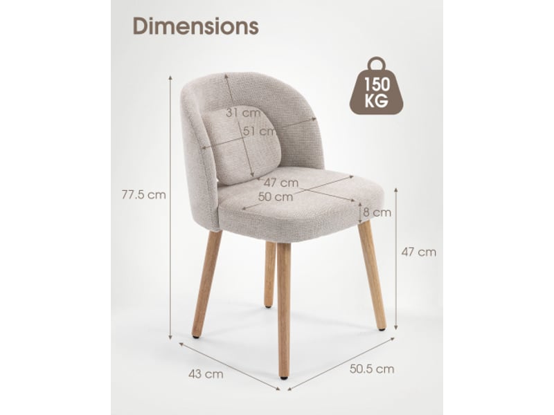  Lot de 2 chaises de salle à manger 50.5x47x77.5 cm avec coussin, dossier ergonomique, bois couleur beige  - Conforama C