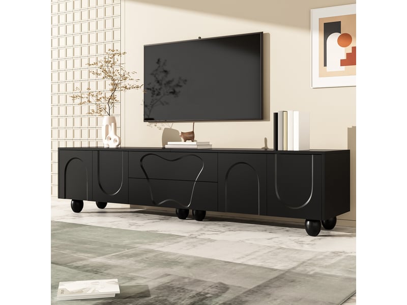  Meuble tv noir 180 cm avec pieds en bois massif - meuble tv minimaliste avec rangement et portes courbées  - Conforama W