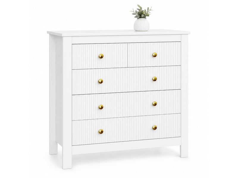  Commode 5 tiroirs blanche à poignées dorées – 79 x 39,5 x 80,5 cm  - Conforama A