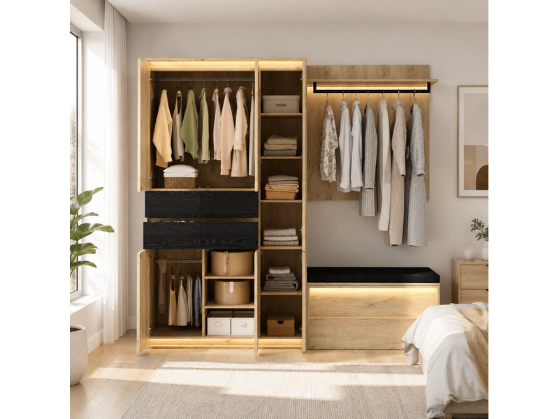  Garde-robe d'entrée 200x47x200 cm avec miroir et led, mdf, coloris bois pour entrée et dressing, rangement, chambre  - Conforama D