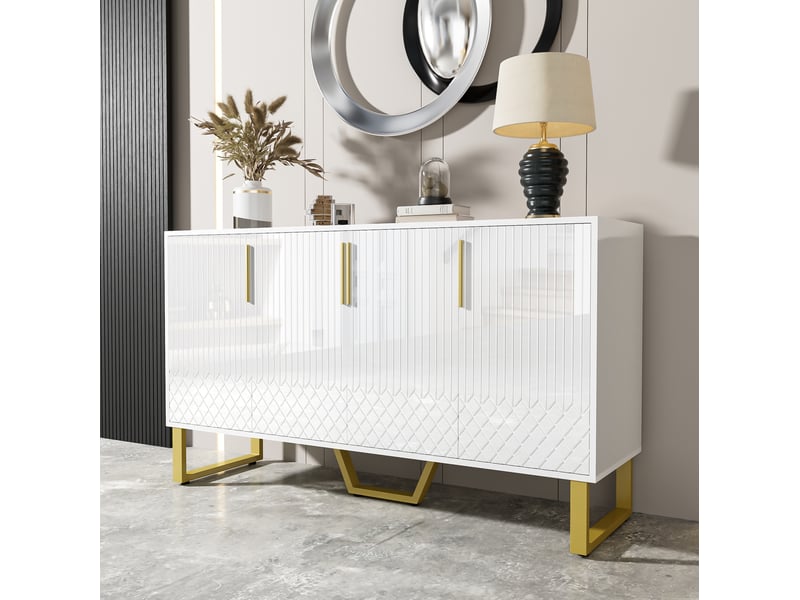 Buffet 140x40x80 cm blanc brillant mdf, 4 portes, design géométrique et grand rangement pour salon - Conforama B