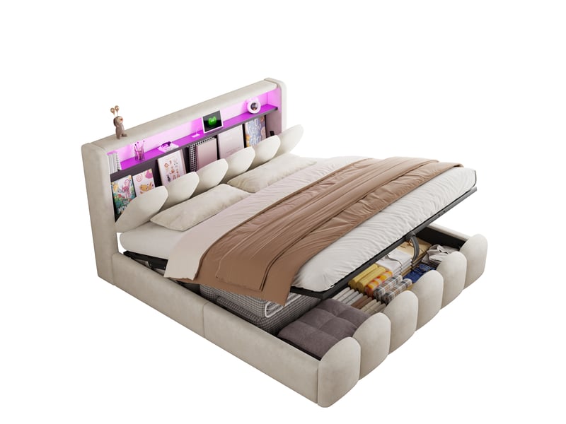  Lit coffre rembourré 180x200 cm coloris beige led velours lit adulte beige - Conforama A