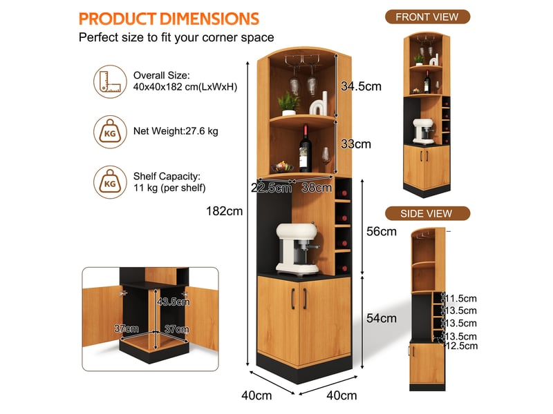  Meuble bar d’angle 40x40x182 cm avec porte-verres, coloris naturel  - Conforama C