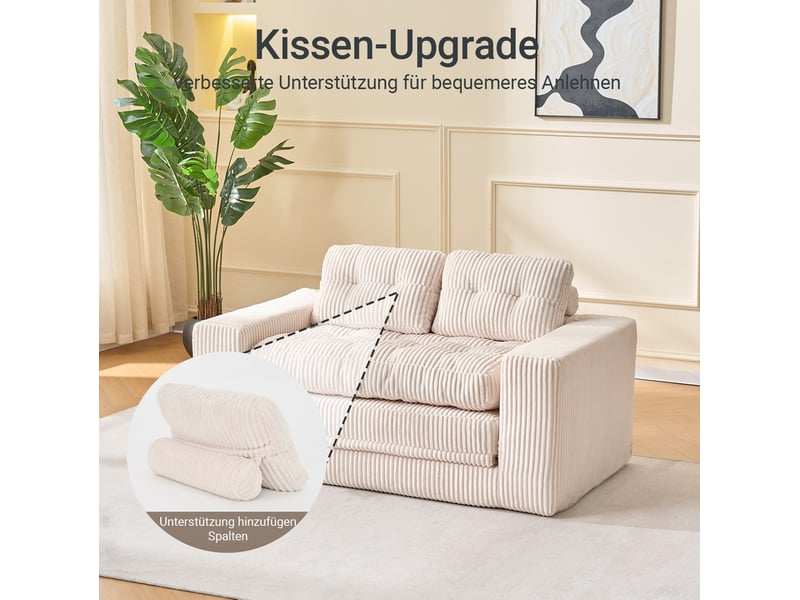  Canapé droit convertible 2 places en velours côtelé beige 140 cm, format compact pour petits espaces et invités  - Conforama E