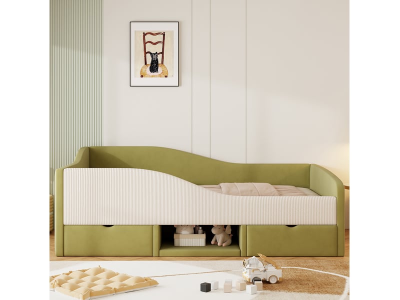 Lit enfant 90x190 cm, 2 tiroirs de rangement, garde-corps, mdf et velours, vert foncé et crème, sécurisé, sans matelas  - Conforama B