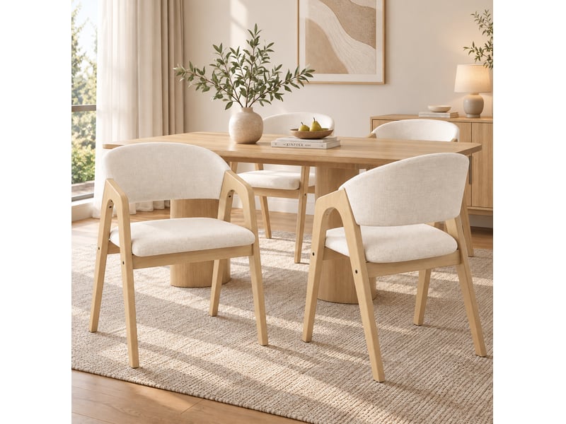 Lot de 2 chaises de salle à manger avec accoudoirs en bois d'hévéa et lin, beige - Conforama C