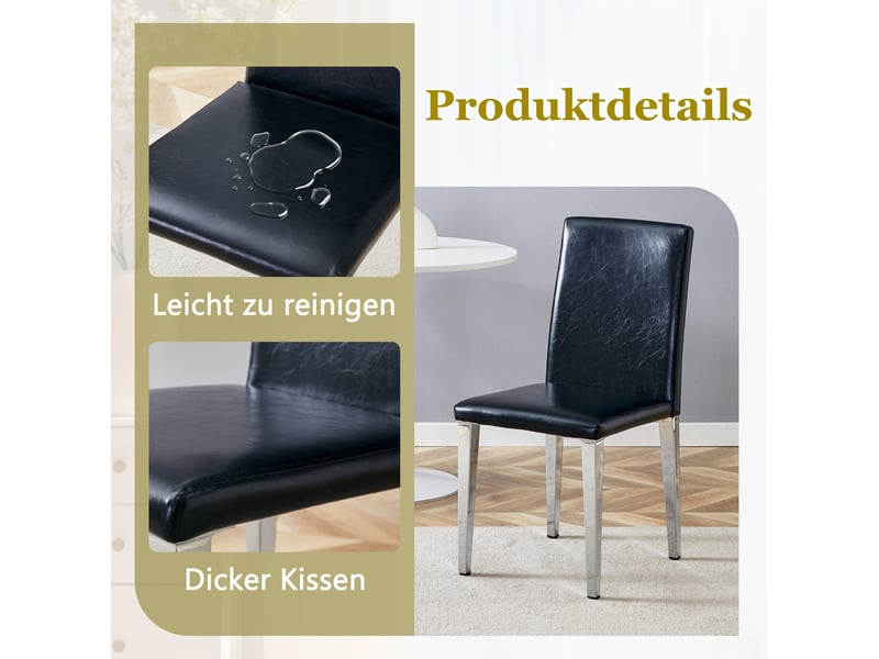  Chaise de salle à manger lot de 6 avec dossier incurvé et assise rembourrée, en polyuréthane noir et métal argenté  - Conforama D