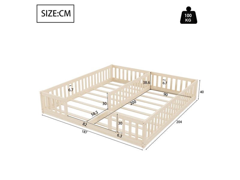 Lit enfant 90x200 cm, 2 couchages avec barrières, en bois, naturel, sans matelas - Conforama D