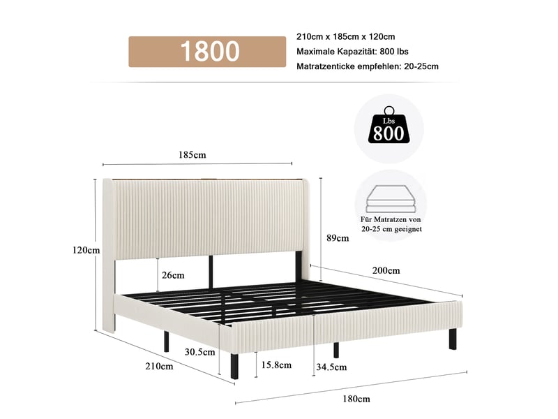  Cadre de lit 180x200 cm avec tête de lit en velours côtelé, beige et crème, métal  - Conforama C