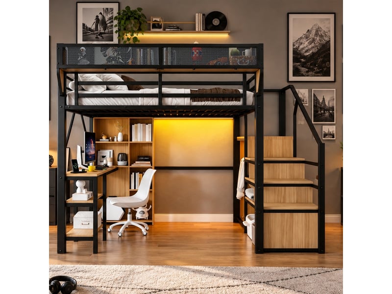  Lit mezzanine 140x200 cm métal adolescent, escalier rangement, bureau, bibliothèque, led, prise électrique, garde-corps - noir  - Conforama C