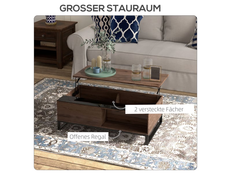  Table basse relevable avec 2 niches, tablette et rangement, style moderne, en contreplaqué et acier, noyer  - Conforama E