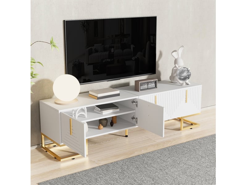  Meuble tv 170x40x45,5 cm élégant, pieds et poignées dorés, portes à étagères intégrées, panneau de particules blanc  - Conforama E