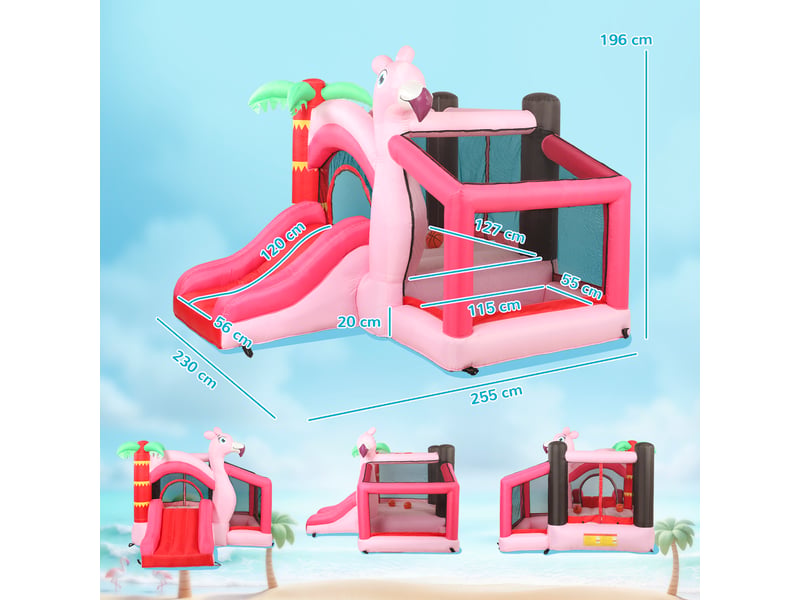  Château gonflable pour enfants avec souffleur, toboggan, trampoline, piscine à balles et panier de basket (255 x 230 x 196 cm).  - Conforama E
