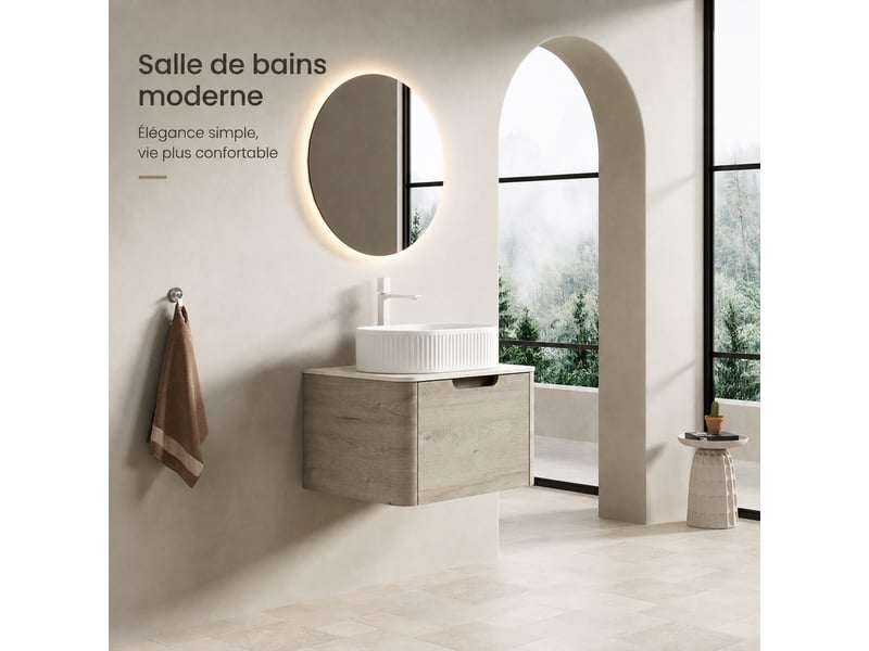  Meuble vasque suspendu 60 cm avec vasque ovale blanche en céramique et plan effet travertin  - Conforama E