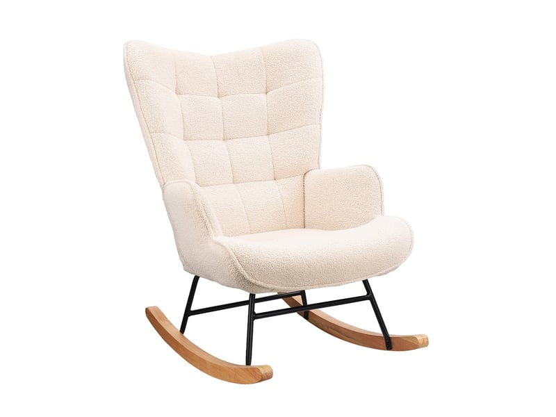  Fauteuil à bascule 68x78x98 cm - fauteuil en tissu bouclette peluche, dossier haut capitonné et pieds bois - beige  - Conforama A