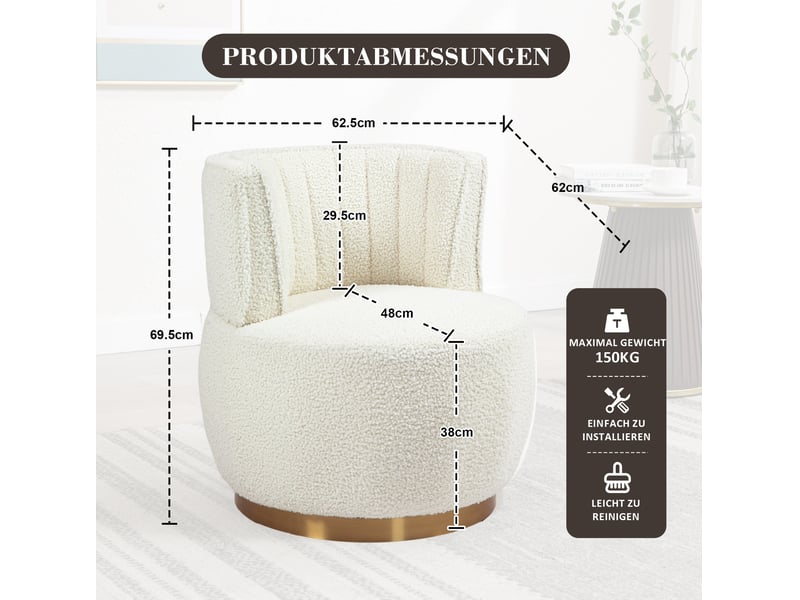 Fauteuil pivotant 360 degres 62,5 x 62 cm – blanc – dossier enveloppant, assise en tissu peluche doux - Conforama C