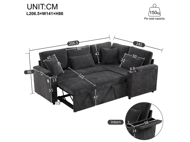  Canapé d’angle convertible l 45 places 206,5x141x86 cm avec coffre de rangement, fonction lit, méridienne fixe droite, porte-gobelets, usb, étagères d’accoudoirs, coussins - gris  - Conforama D