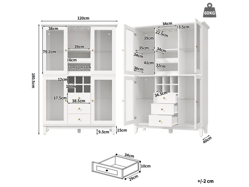  Buffet à vin modenvie avec éclairage led connecté, 120 x 40 x 180,5 cm, 3 tiroirs, range-verres et range-bouteilles, blanc  - Conforama C
