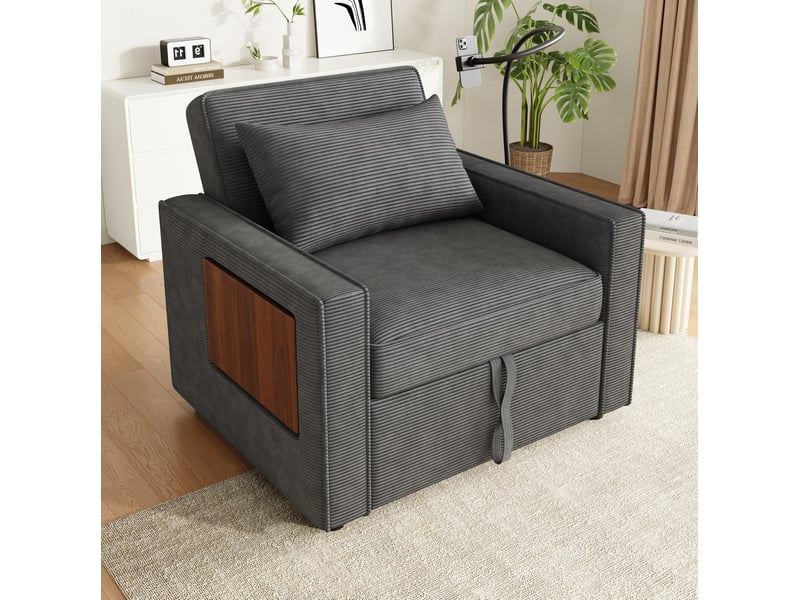  Fauteuil-lit modenvie 1 place convertible gris en velours côtelé avec usb et type-c  - Conforama D
