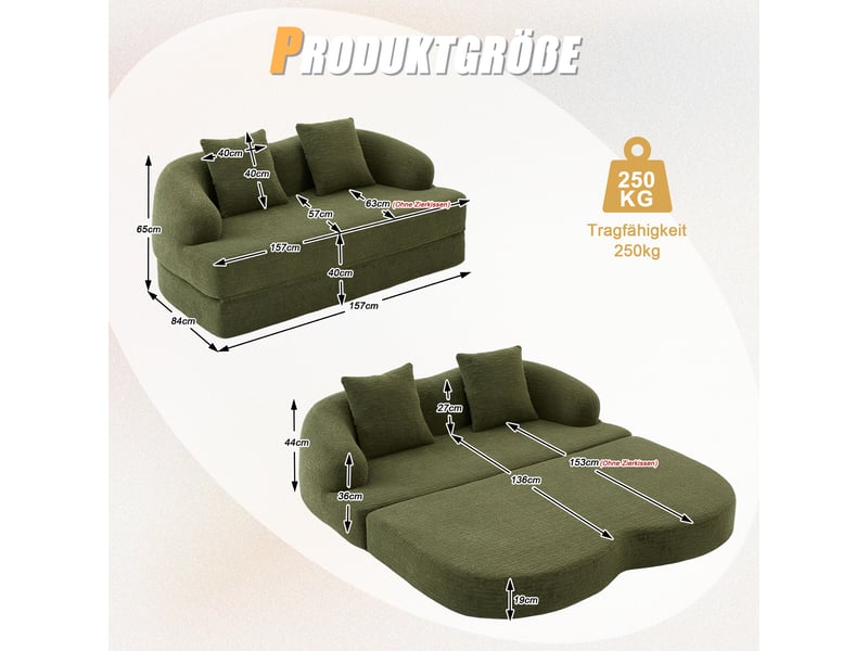  Canapé-lit convertible 2 places – tissu chenille – coussins inclus – 157 cm – vert  - Conforama C