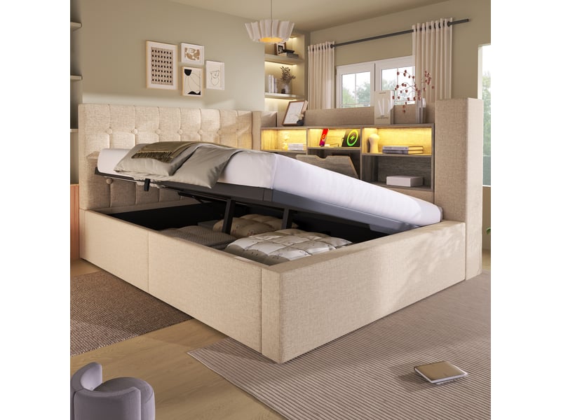  Lit coffre 140 × 200 en lin beige, tête de lit en l réversible, led et usb-c IKSETERA TRADING LTD - Conforama D