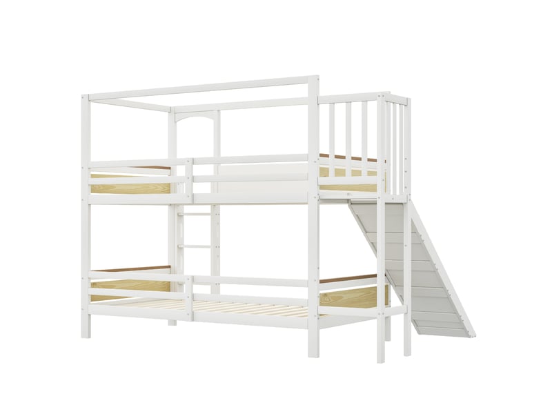 Lit superposé enfant 90×200 cm avec toboggan, échelle et barrières, bois blanc et naturel - Conforama D