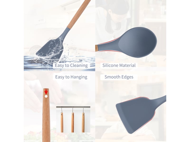  Ensemble de 12 ustensiles de cuisine en silicone gris avec seau de rangement et poêle antiadhésive  - Conforama E