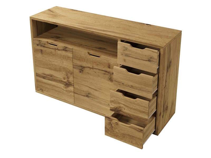  Buffet effet chêne 150 cm, 2 portes et 4 tiroirs, compartiment ouvert  - Conforama R