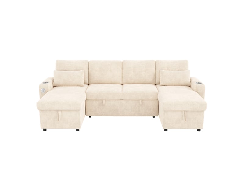Canapé d'angle panoramique convertible 4 places tissu beige led coffre de rangement canapé d'angle beige - Conforama A