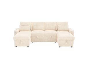 Canapé d'angle panoramique convertible <strong>MERAX</strong> <strong>canapé d'angle beige</strong> 4 places Tissu beige avec coffre de rangement