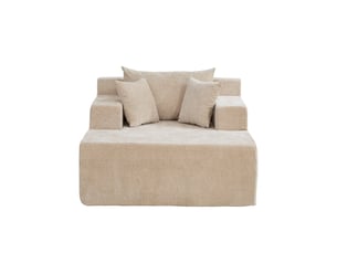 Méridienne modulable en tissu chenille beige clair avec rangement intégré et confort rembourré