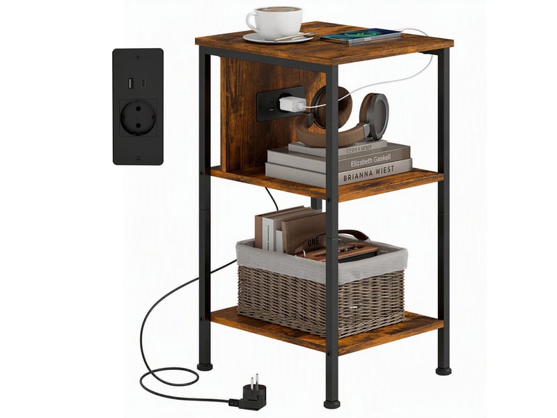  Table d'appoint avec station de charge et 2 étagères brun rustique 34 x 30 x 58 cm  - Conforama A