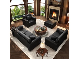 Salon chesterfield 6 places avec pouf en simili cuir noir, 210 cm