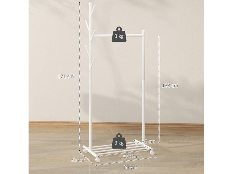  Portant à vêtements mobile 68x43x171 cm blanc avec 5 crochets et étagère  - Conforama C