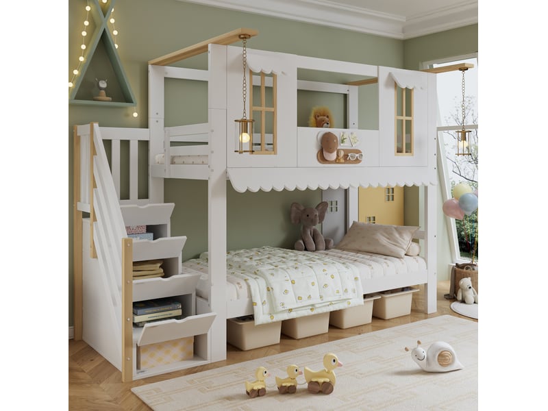  Lit superposé enfant 90x200 cm blanc et naturel avec escalier de rangement  - Conforama D
