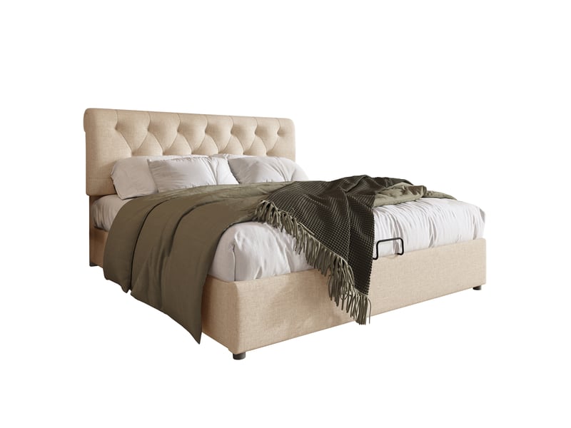  Lit coffre 160x200 cm avec tête de lit réglable, lin naturel, sommier relevable  - Conforama A