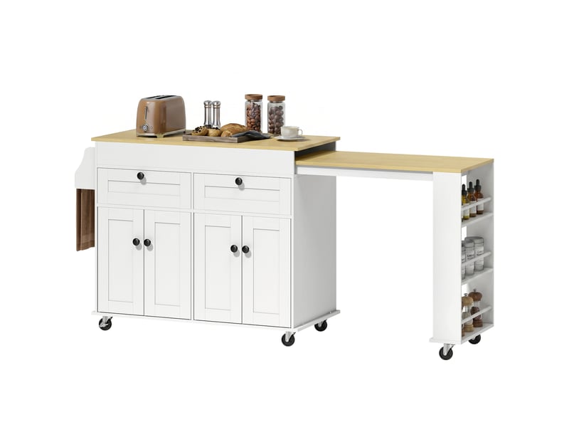  Îlot de cuisine extensible sur roulettes 4 portes 2 tiroirs blanc 127,2-189,2x50x87,8 cm  - Conforama A